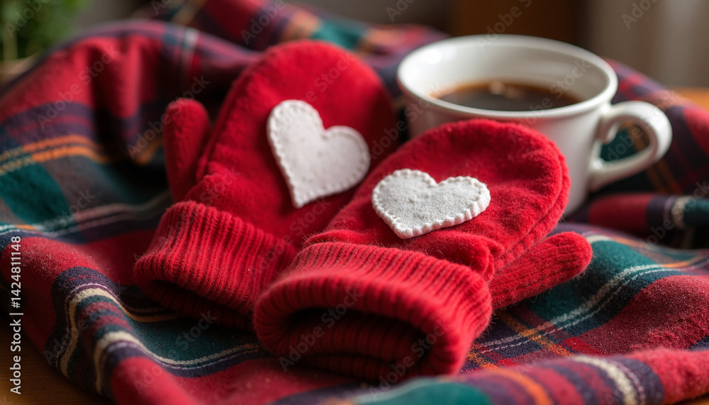 Red Mittens with Heart and Coffee on a Cozy Blanket