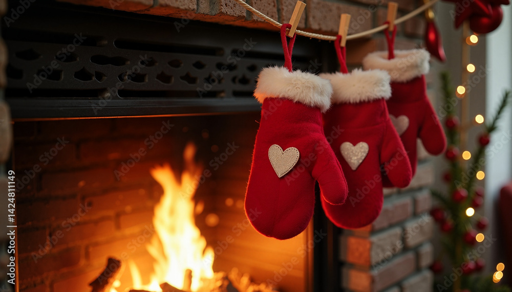 Red Mittens with Heart Hanging Over a Cozy Fireplace