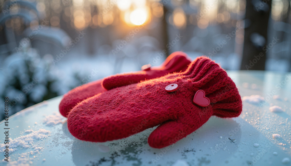 Red Mittens with Heart on Snowy Surface at Sunset