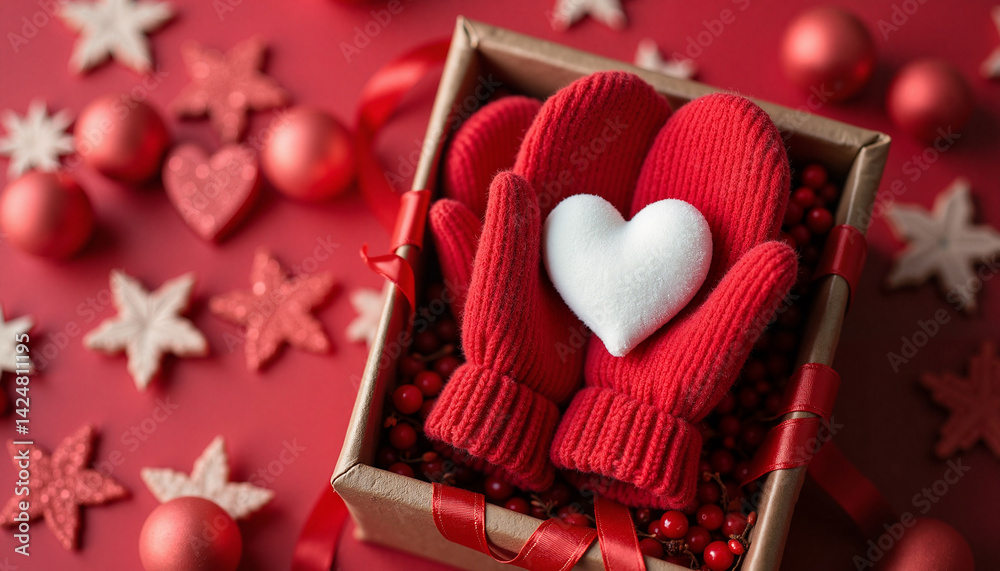 Red Mittens with Heart in a Gift Box on a Festive Background
