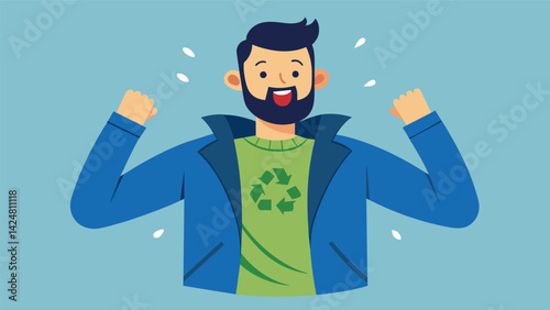A man excitedly shows off his new jacket proudly stating that it was made from recycled materials..