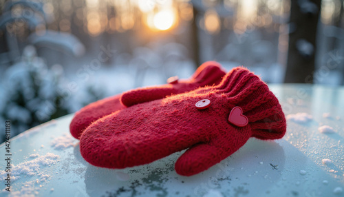 Obraz na płótnie Red Mittens with Heart on Snowy Surface at Sunset w salonie