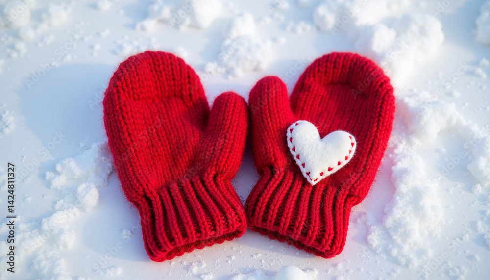 Red Mittens with Heart on Snowy Background for Comfy Winter Vibes