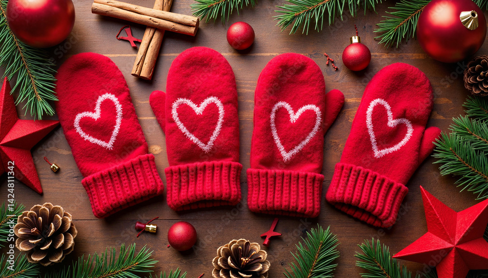 Red Mittens with Heart Decorated for Christmas on Wooden Background