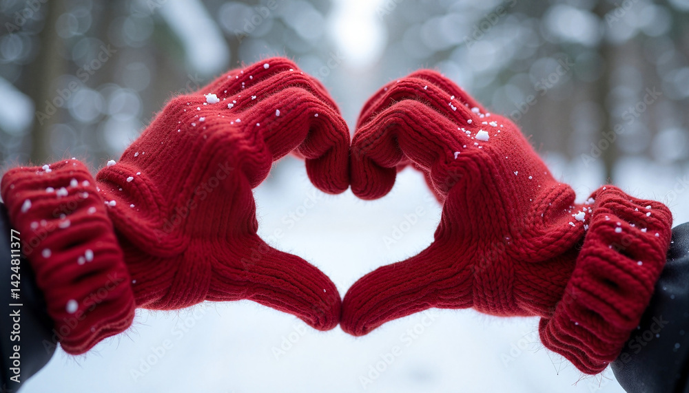 Red Mittens with Heart Creating a Heart Shape in Snowy Forest