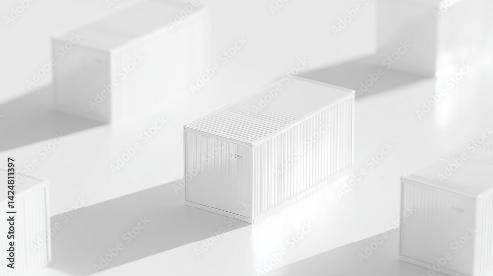 Abstract layout of white trade containers with long shadows – overhead industrial view