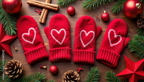Obraz na płótnie Red Mittens with Heart Decorated for Christmas on Wooden Background w salonie