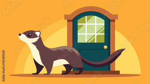 A smuglooking ferret confidently struts out of the house its tiny face successfully recognized by the smart pet door.. Vector illustration