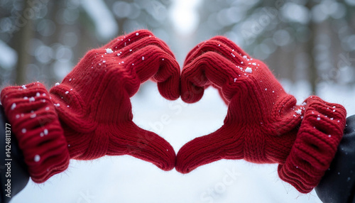 Obraz na płótnie Red Mittens with Heart Creating a Heart Shape in Snowy Forest w salonie