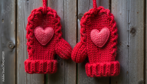 Red Mittens with Heart Hanging on Wooden Background  