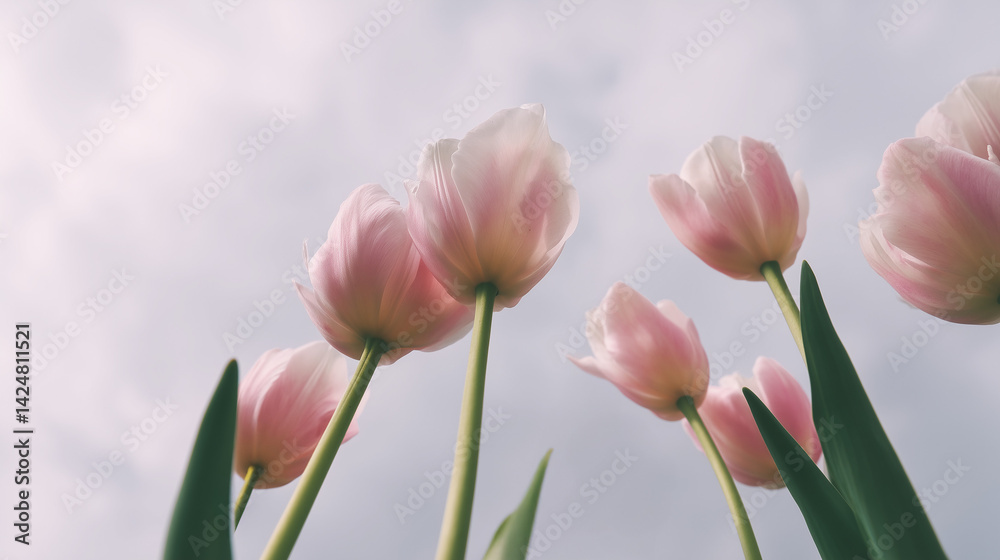 Tulip flowers reaching toward cloudy sky – poetic spring concept