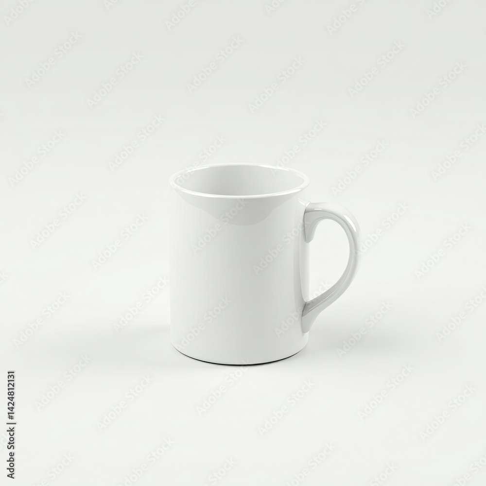 Fototapeta premium A clean, empty white ceramic mug with a curved handle, set against a light gray background.