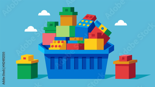 A bin of mismatched toy building blocks being sorted and pieced together to create unique oneofakind structures.. Vector illustration