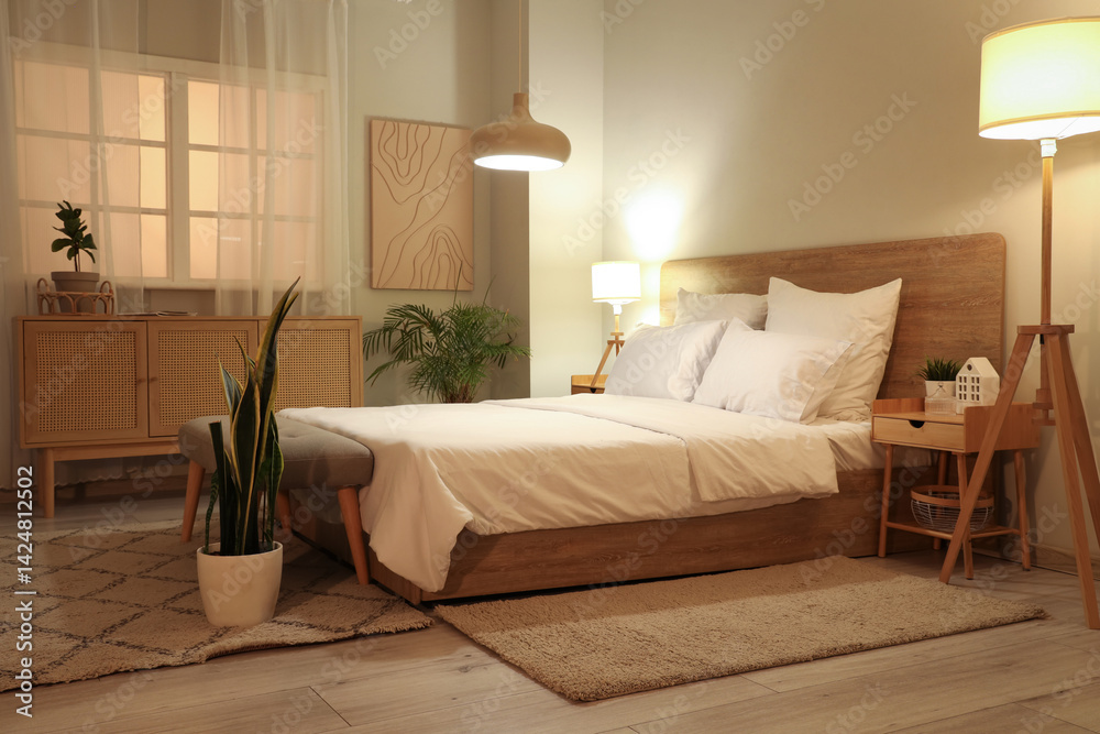Interior of bedroom with soft bed and glowing lamps