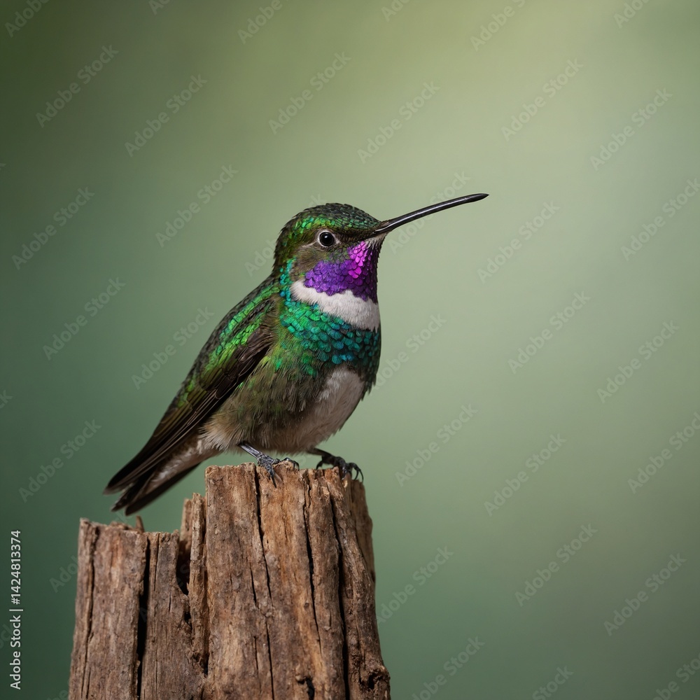 Obraz premium Hummingbird(Trochilidae)Flying gems ecuador Violet-crowned Hummingbird Violet Sabrewing in Costa Rica Iridescent hummingbird perched on a branch in a vibrant garden during daylight hours