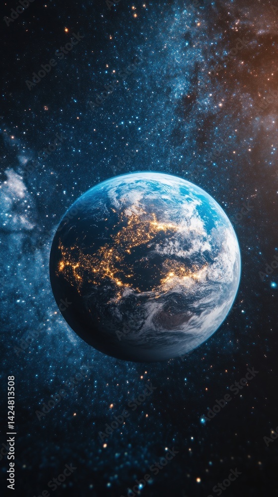 Fototapeta premium Earth in Space with City Lights and Starry Background