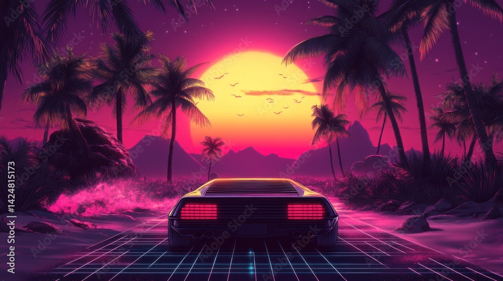 Retro Sunset Drive: 80s Nostalgia on a Tropical Beach