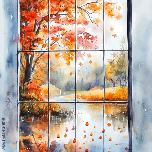 Raindrops on a window with autumn scenery outside, watercolor illustration, isolated on a white background.

