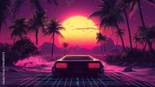Obraz na płótnie Retro Sunset Drive: 80s Nostalgia on a Tropical Beach w salonie