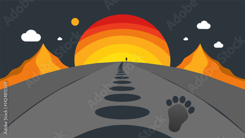 A set of footprints leading from a grim grey landscape towards a bright colorful horizon. The footprints gradually transform from heavy dragging steps.