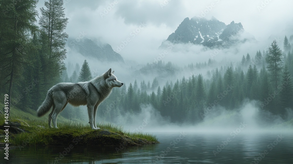Majestic Lone Wolf in Misty Mountain Lake