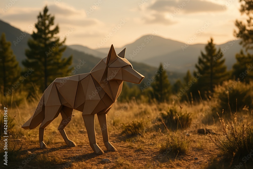 Origami wolf standing in mountain landscape at sunset