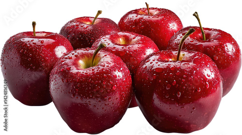 Red Delicious Apples:  A close-up shot of eight vibrant red delicious apples, each glistening with fresh water droplets, showcasing the luscious appeal and healthy allure of this popular fruit. 