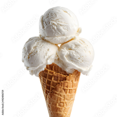 A vanilla ice cream cone piled high with three scoops of delicious, creamy ice cream. A perfect treat on a hot day, or anytime you need a sweet!