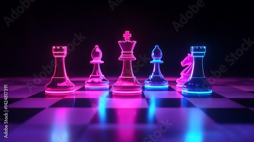 Futuristic chess game with neon glowing pieces on a checkered board