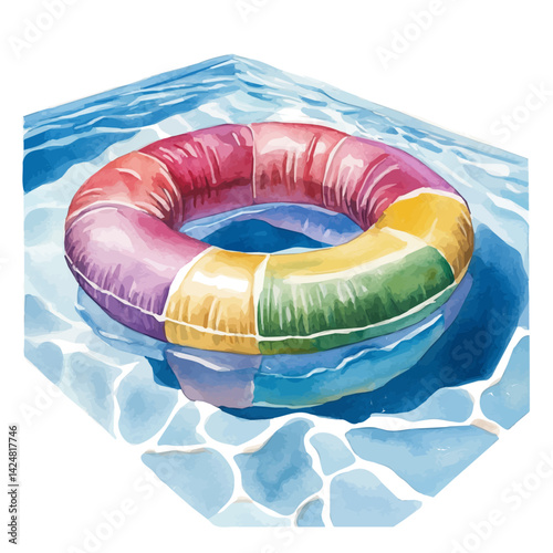 Rainbow float in a sparkling swimming pool, watercolor illustration, isolated on a white background.

