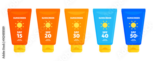 Set of sunscreen tubes with SPF 15, 20, 30, 40, 50+. UVA/UVB skin protection, sunblock, summer skincare concept. Flat vector illustration isolated on white background