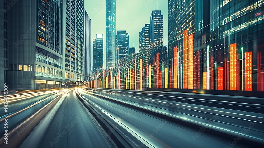 Fototapeta premium Dynamic cityscape with overlaid data visualization and blurred motion