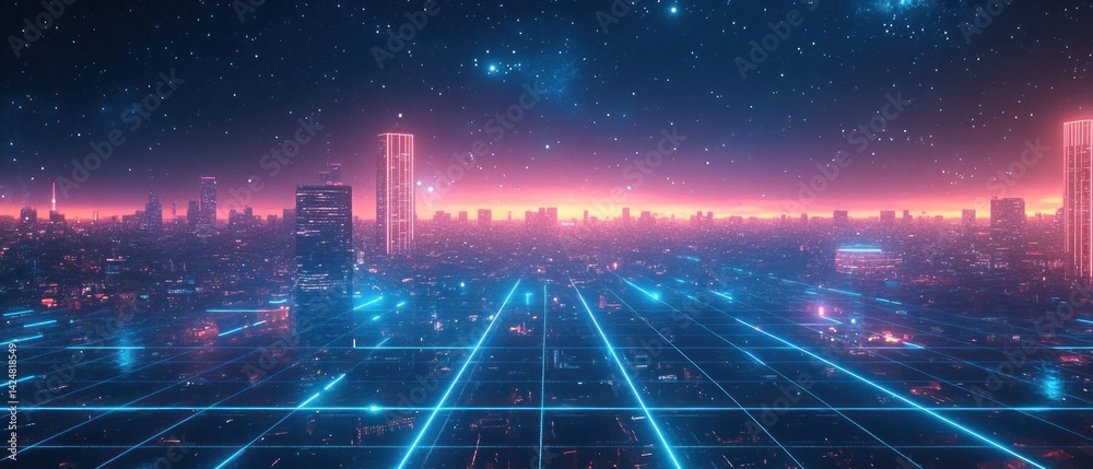 Obraz premium Neon Cityscape: Retro Futuristic Metropolis at Sunset