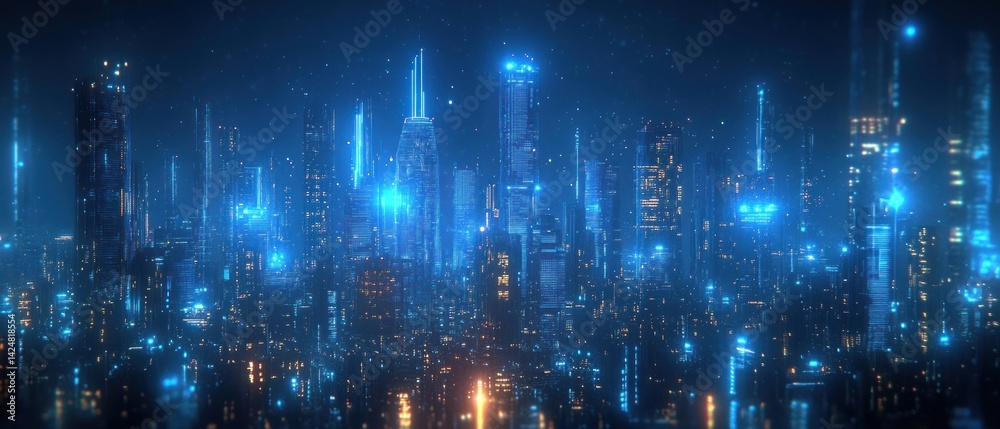 Fototapeta premium Futuristic City Nightscape: A Digital Metropolis Glowing Under a Starlit Sky