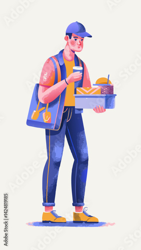 A person packing lunch for work watercolor image. Flat style. Vector illustration.