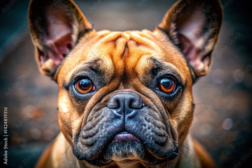 Fototapeta premium Adorable French Bulldog Puppy Close-Up Macro Shot, Tiny Frenchie Dog Portrait