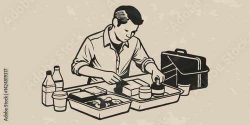 A person packing lunch for work monochrome vintage image. Flat vector illustration.