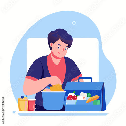A person packing lunch for work. Cartoon vector illustration on white background.