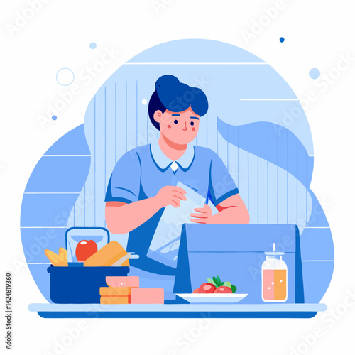 A person packing lunch for work. Cartoon vector illustration on white background.
