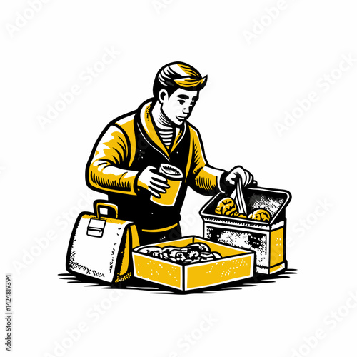 Hand drawn a person packing lunch for work image. Flat image isolated on white background. Vector illustration.