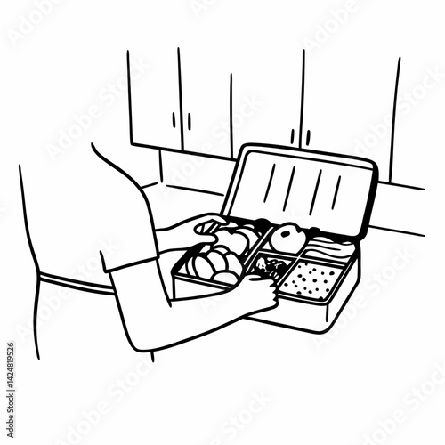 A person packing lunch for work outline simple image. Flat style. Vector illustration.