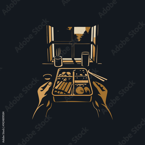 A person packing lunch for work engraved vintage image. Vector illustration.