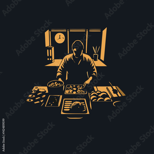 A person packing lunch for work engraved vintage image. Vector illustration.