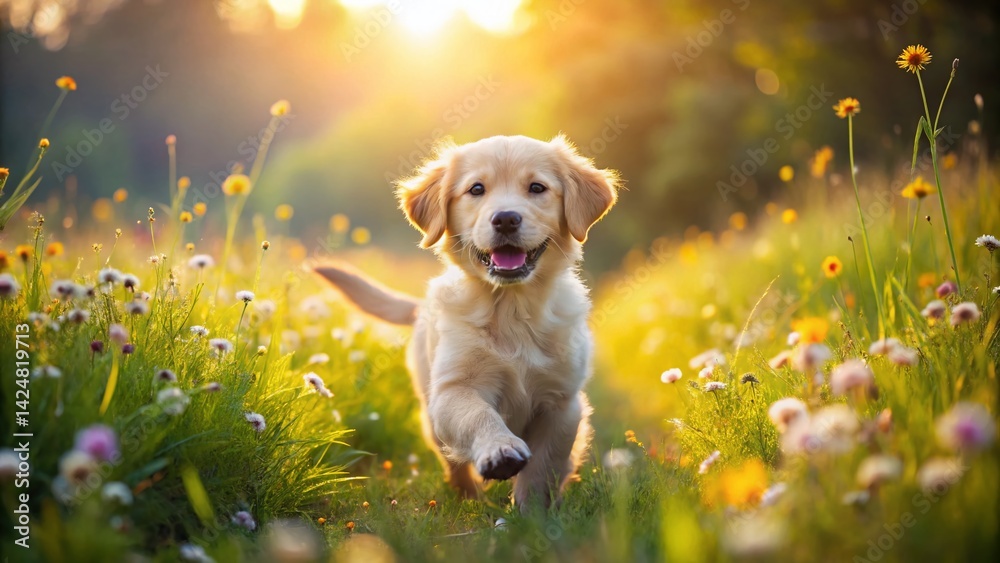 Adorable Golden Retriever Puppy Playing in a Sunny Meadow Landscape Adorable Golden Retriever Puppy Playing in a Sunny Meadow Landscape