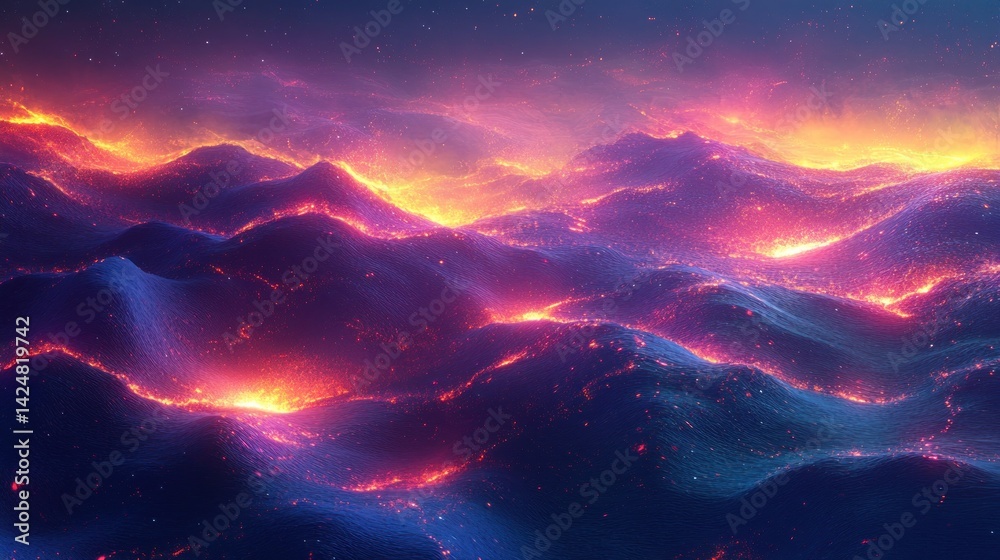 Fototapeta premium Fiery Celestial Landscape: A Digital Masterpiece of Burning Mountains