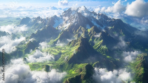 Majestic Aerial View of a Mountain Range Enveloped in Clouds