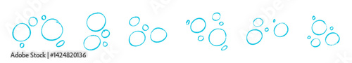 Hand drawn doodle of soap bubbles and foam in the air, bath or soda. Icons for water and soda. Flat vector illustration isolated on white background.