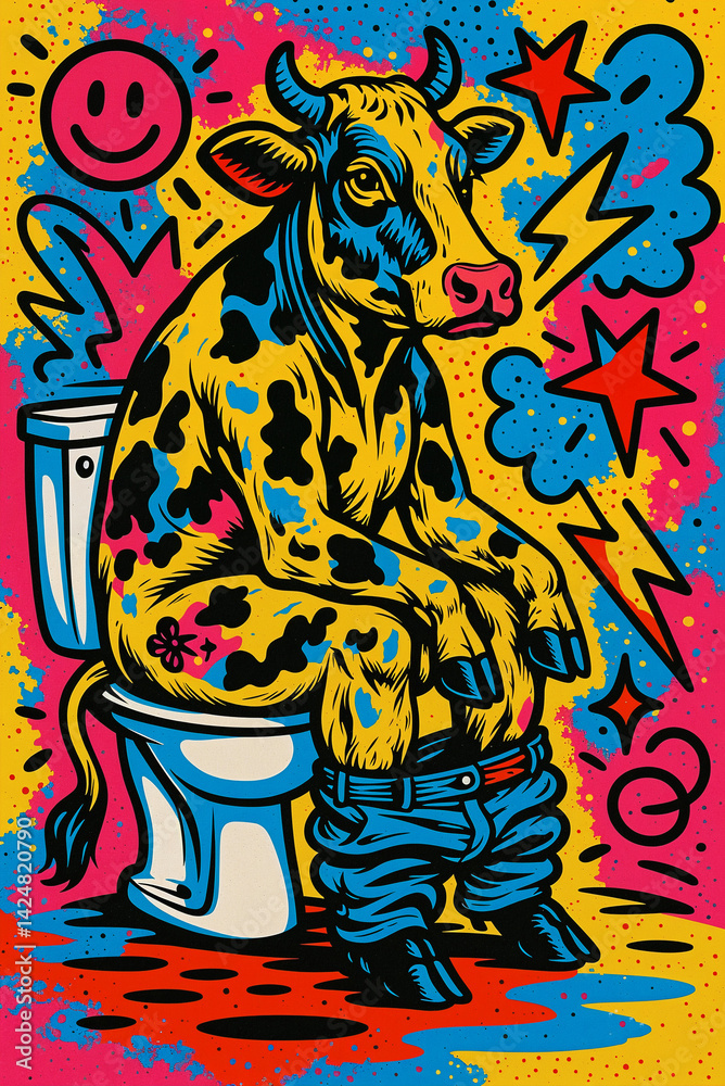 Fototapeta premium cow toilet art , funny cow, bathroom humor, farm animal 