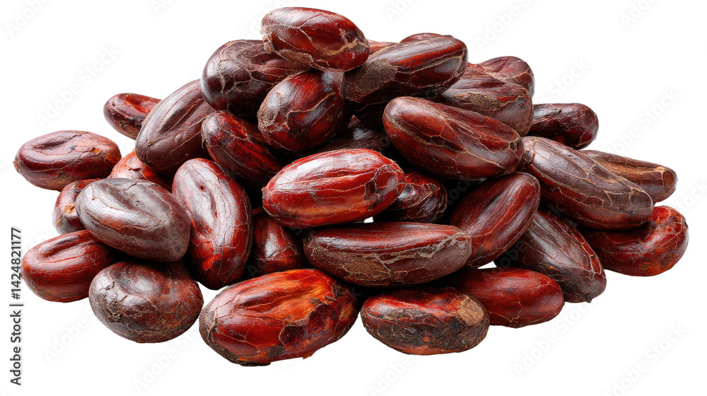 Cocoa Bean Pile: A close-up shot reveals a pile of fresh cocoa beans with their rich, reddish-brown hues, offering a sensory feast for the eyes, signifying the essence of chocolate. Cocoa Bean Pile: A close-up shot reveals a pile of fresh cocoa beans with their rich, reddish-brown hues, offering a sensory feast for the eyes, signifying the essence of chocolate.
