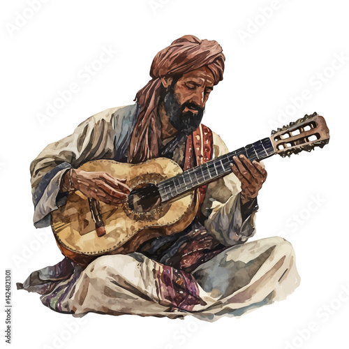 Qanun, watercolor illustration, isolated on a white background.

